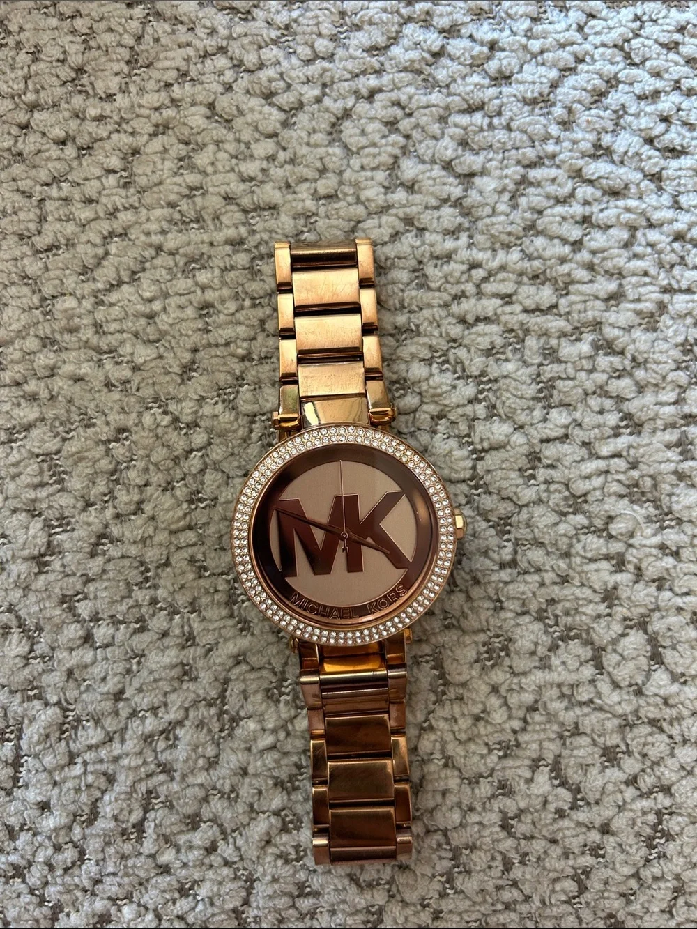 Michael Kors Rose Gold-Tone Crystal Bezel MK Logo Bracelet Watch